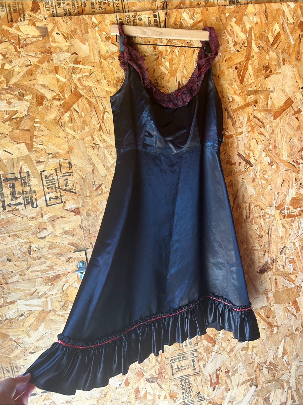 Masquerade Shop Black Satin Slip with Burgundy Lace Collar vintage!!!
